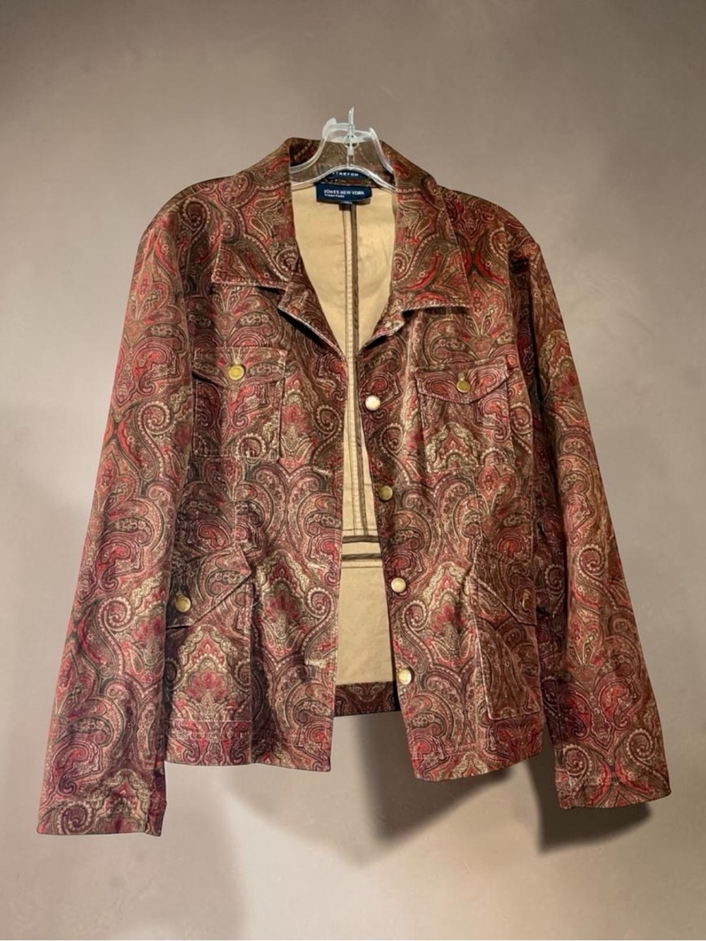 Jones New York Signature Stretch Utility  Jacket in Brown and Red Paisley XL